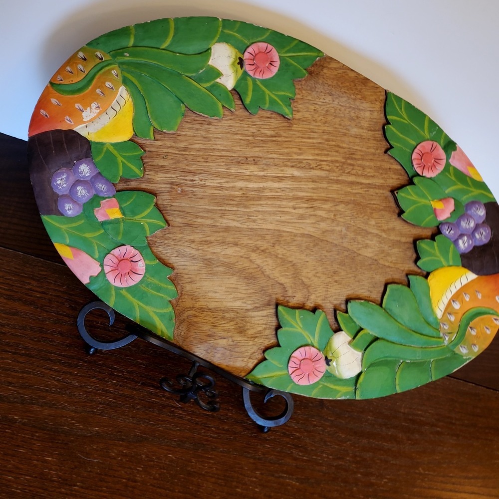 Vtg Hand Carved Wood Platter Painted Fruit Floral Folk Art Decor Easter 22x13.5"